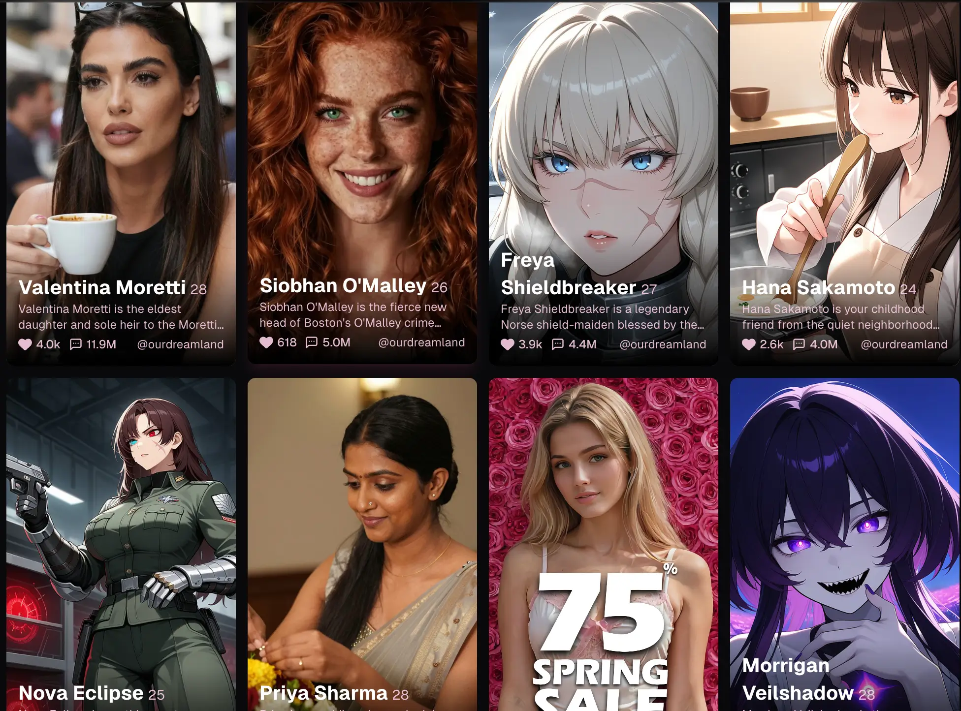 OurDream AI homepage showing character creation interface and chat window