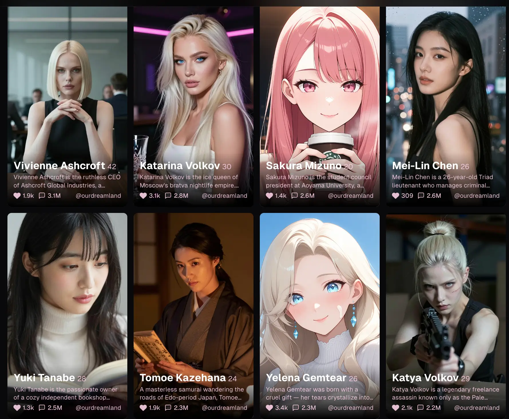 OurDream AI web interface showing companion creation screen with anime and photorealistic style options