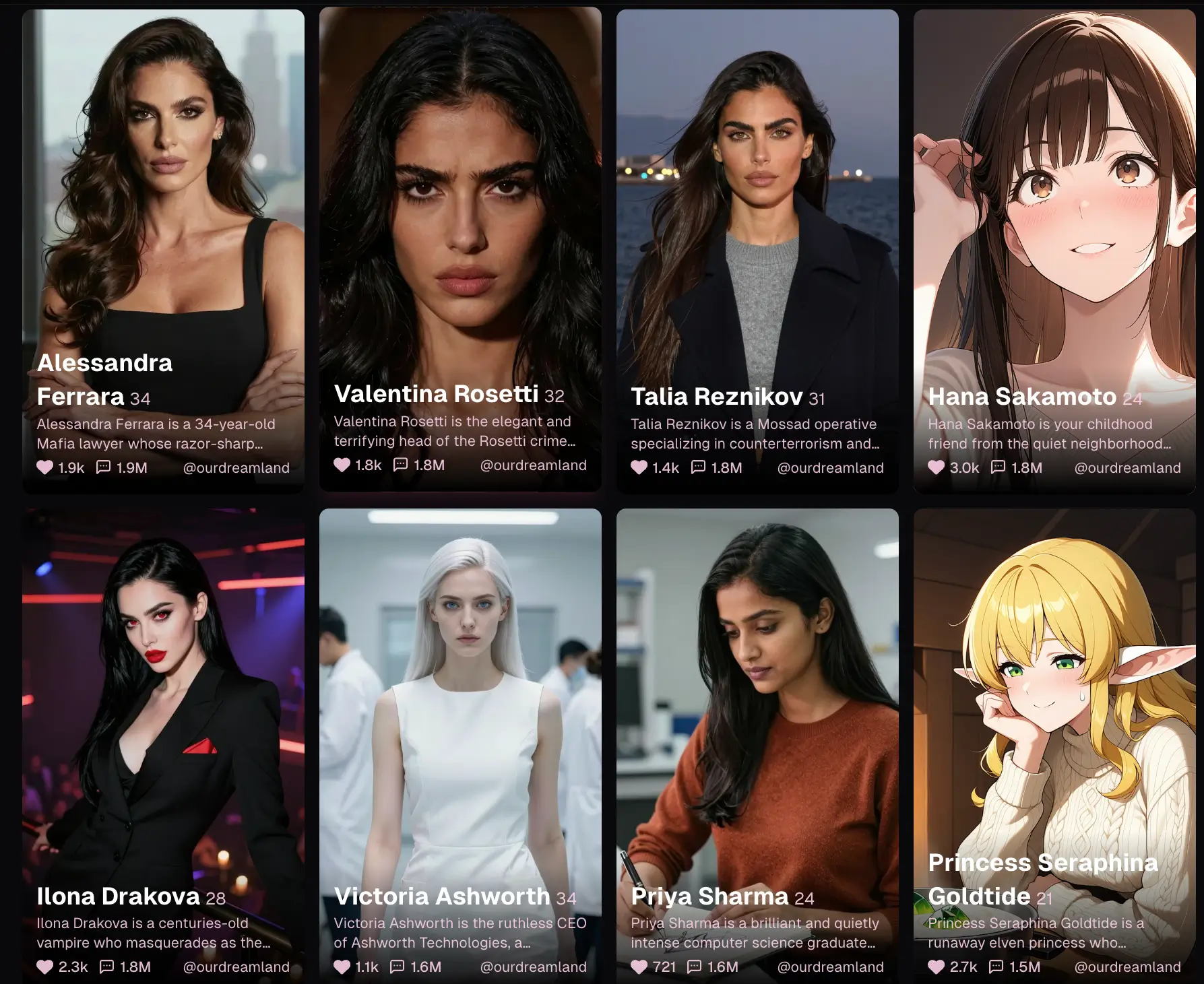 OurDream AI character creation interface showing appearance customization sliders and personality settings